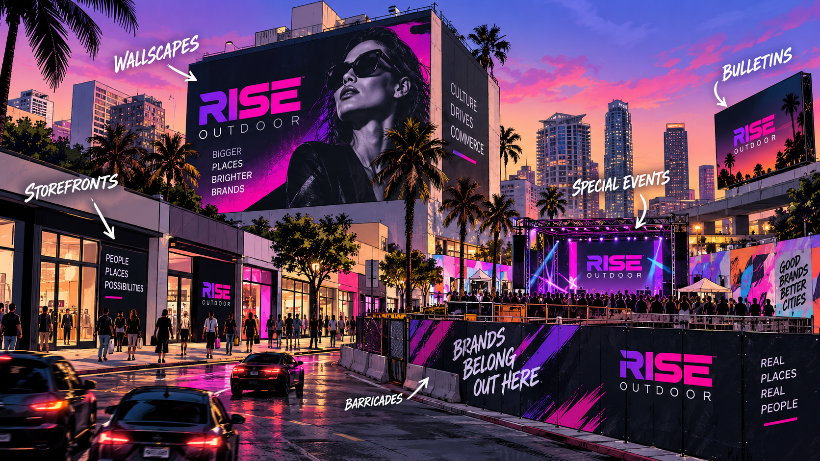 Rise Outdoor advertising capabilities across wallscapes, storefronts, barricades, special events, and bulletins