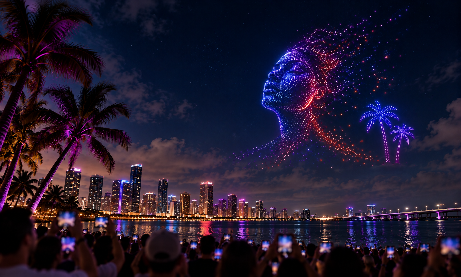 Drone light portrait over a waterfront crowd at night