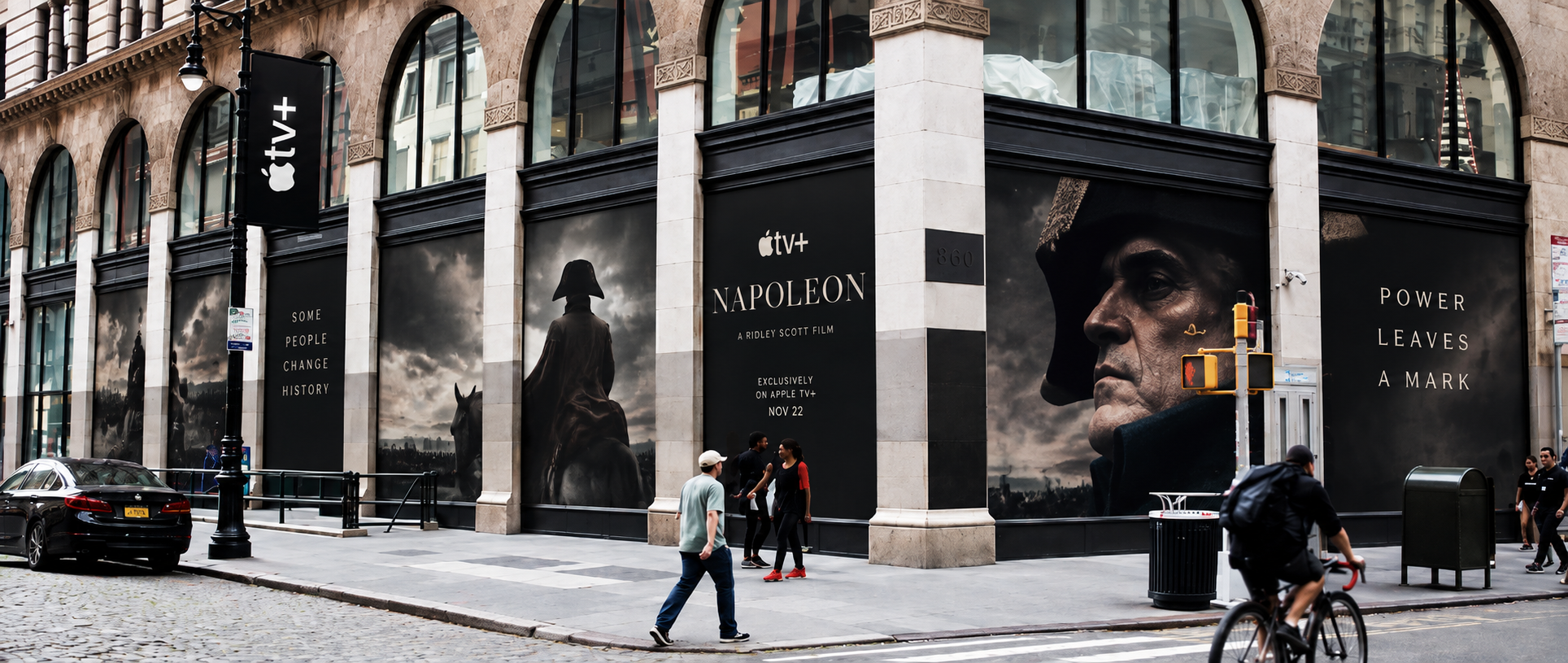 Apple TV+ Napoleon storefront window wrap spanning a corner building
