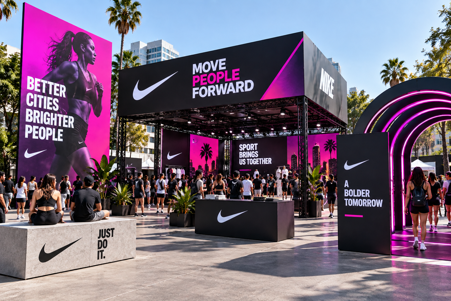 Nike special events activation with magenta pavilion and archway