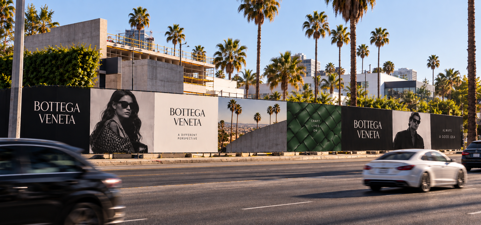 Bottega Veneta campaign spanning a construction barricade